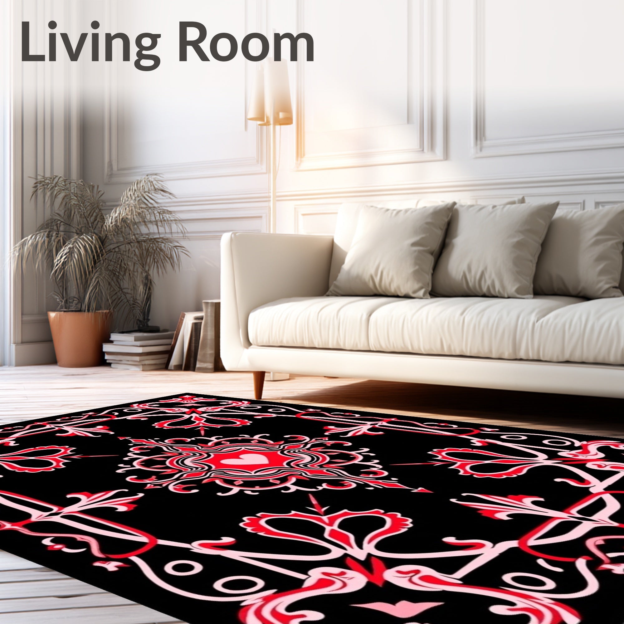 Black Red Heart Victorian Ornament Rug