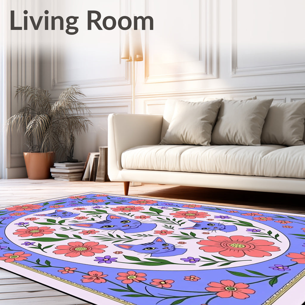 Whimsical Lavender Cat Floral Surround Rug