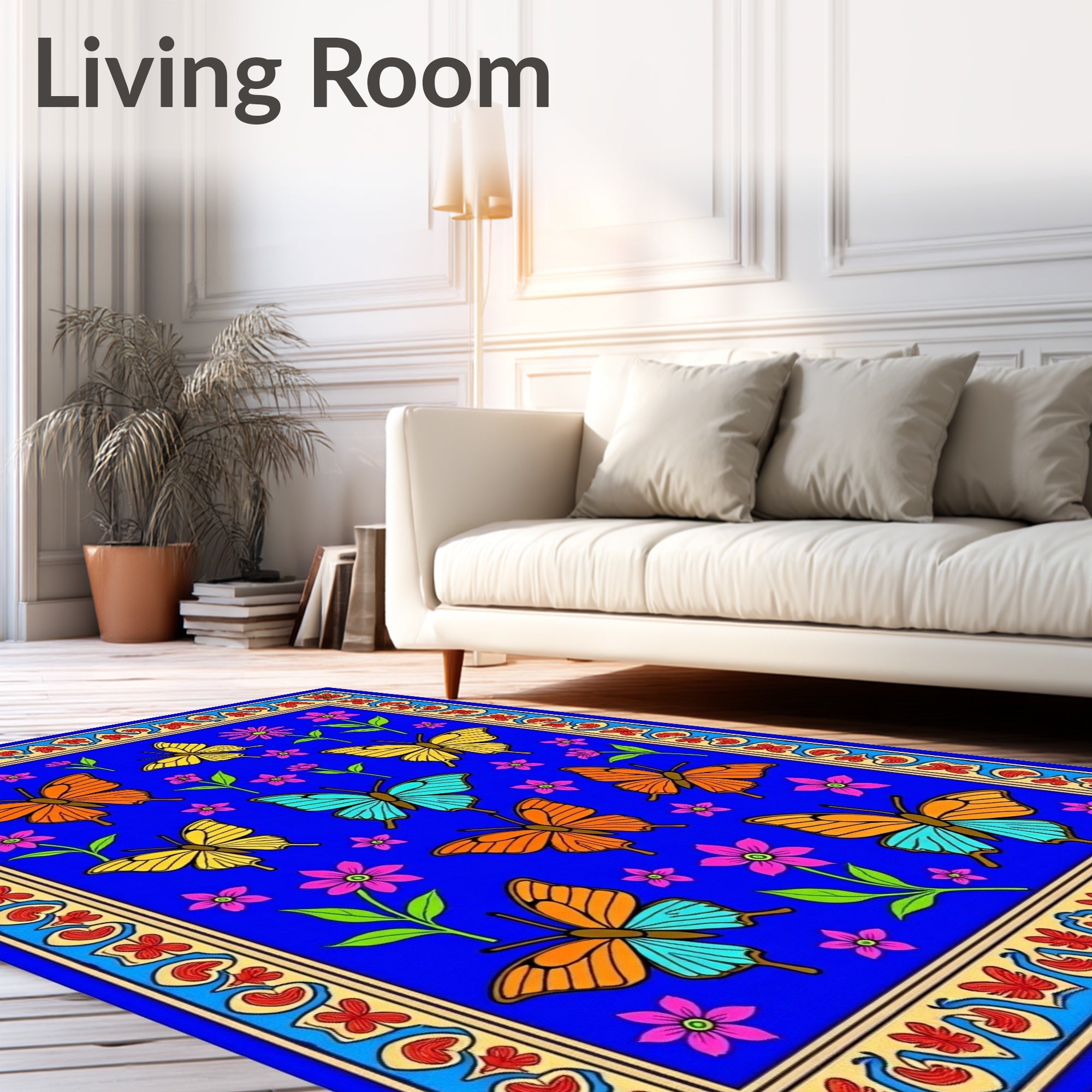Vibrant Blue Butterfly Floral Garden Rug