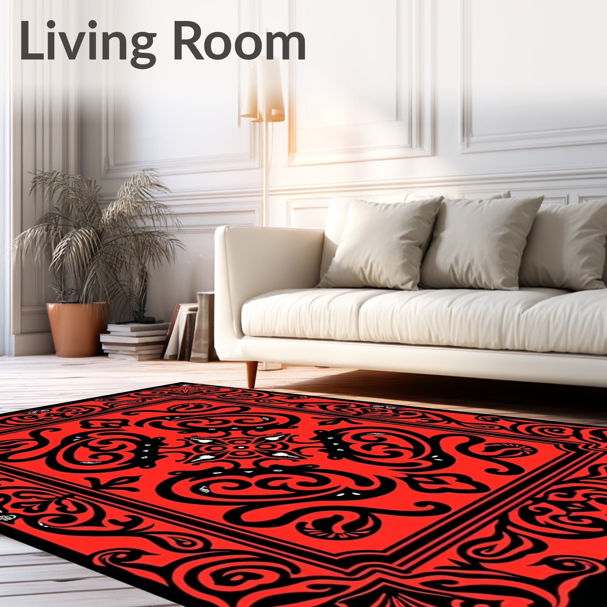 Vibrant Crimson Black Tribal Swirl Rug