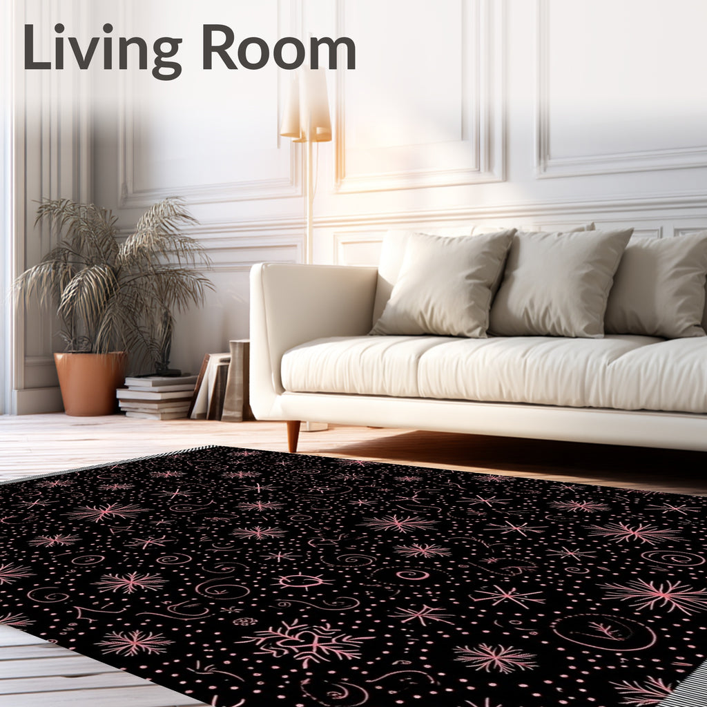 Pink Snowflake Scatter Black Cosmic Rug