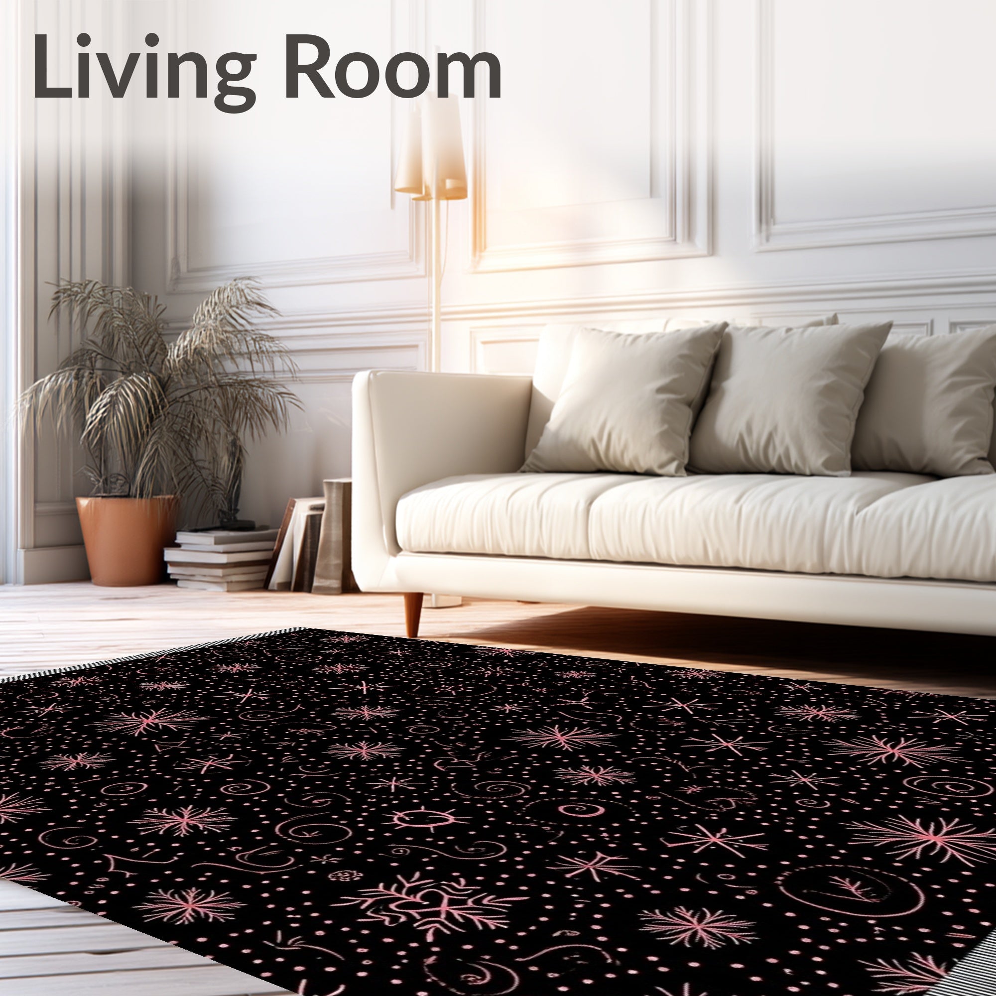Pink Snowflake Scatter Black Cosmic Rug