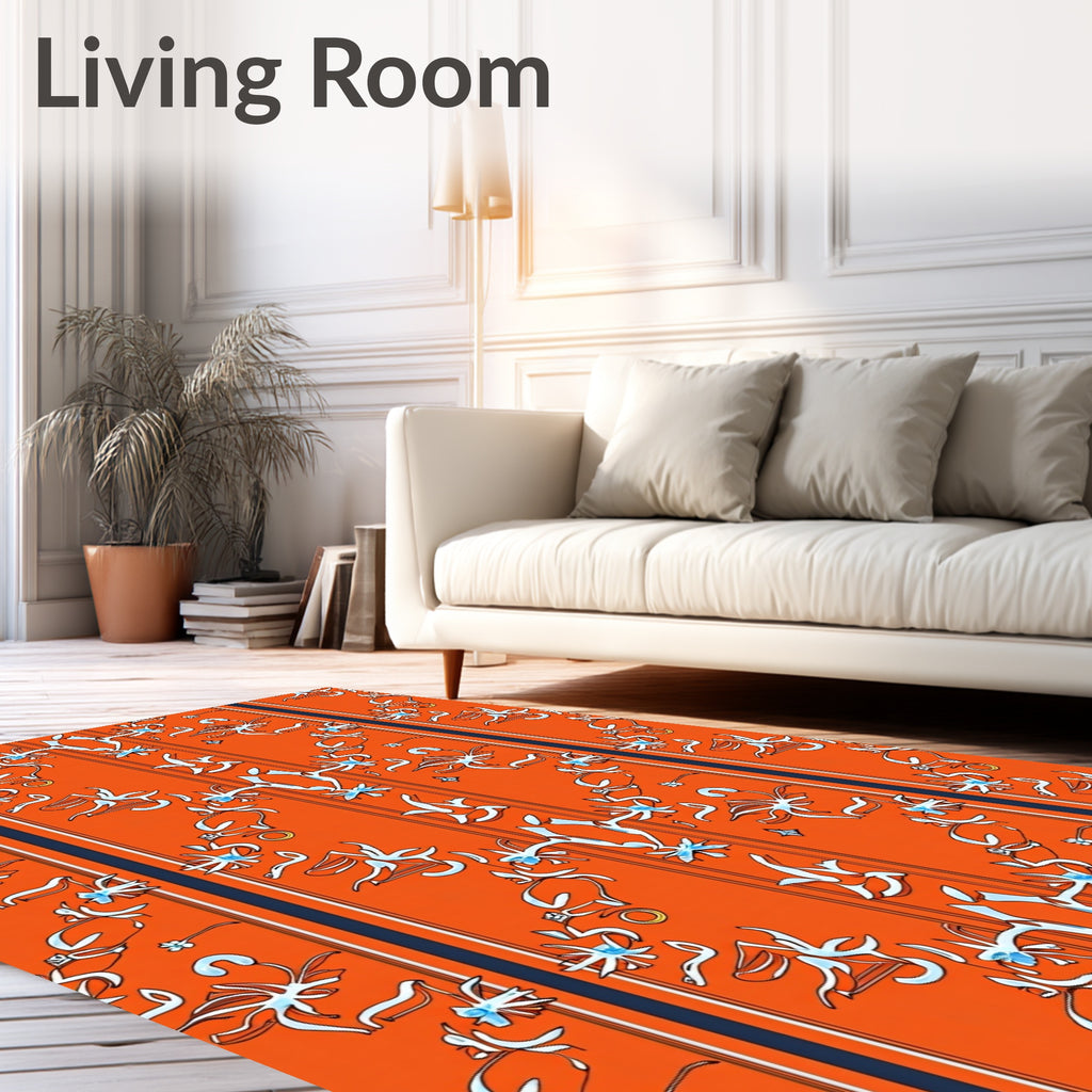 Bright Orange Floral Scroll Stripe Rug