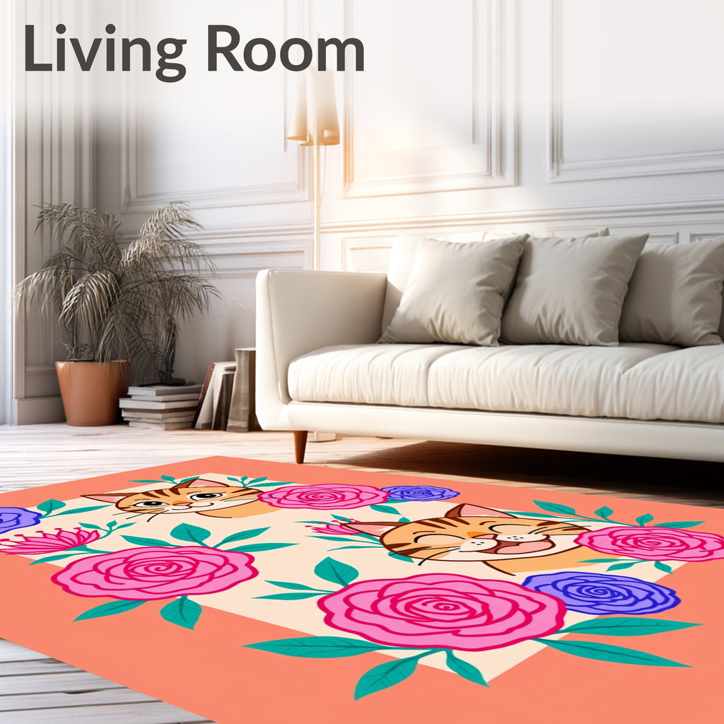 Whimsical Orange Cats Floral Garden Rug