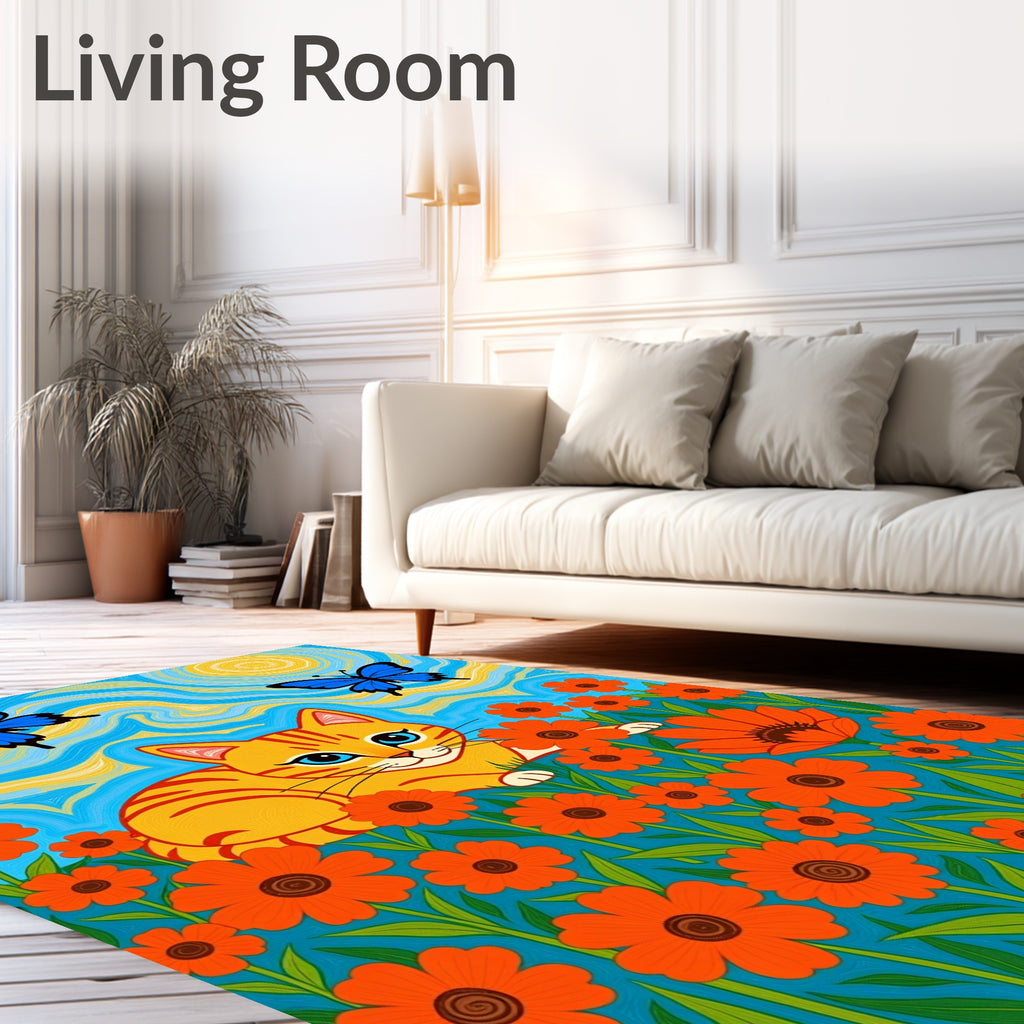 Whimsical Orange Floral Cat Butterflies Rug