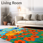 Whimsical Orange Floral Cat Butterflies Rug