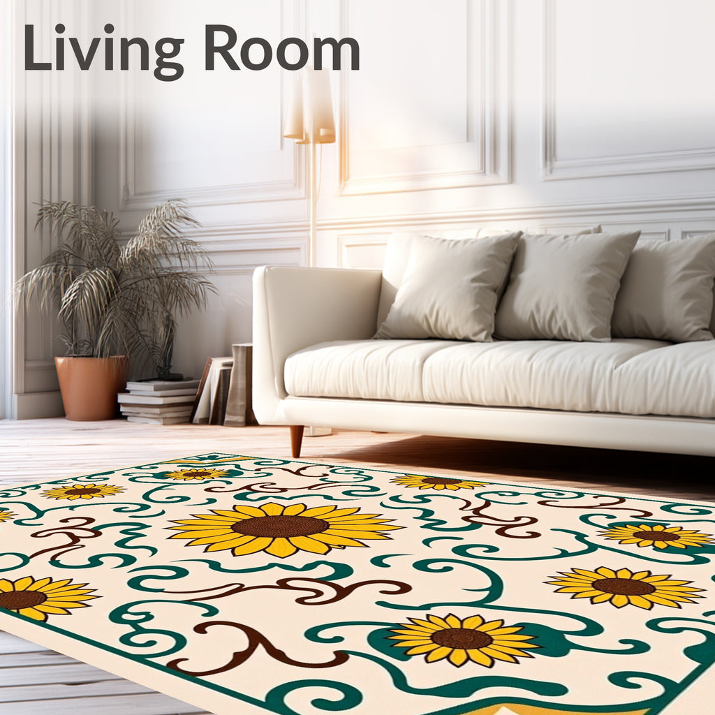Golden Sunflower Folk Art Scroll Rug