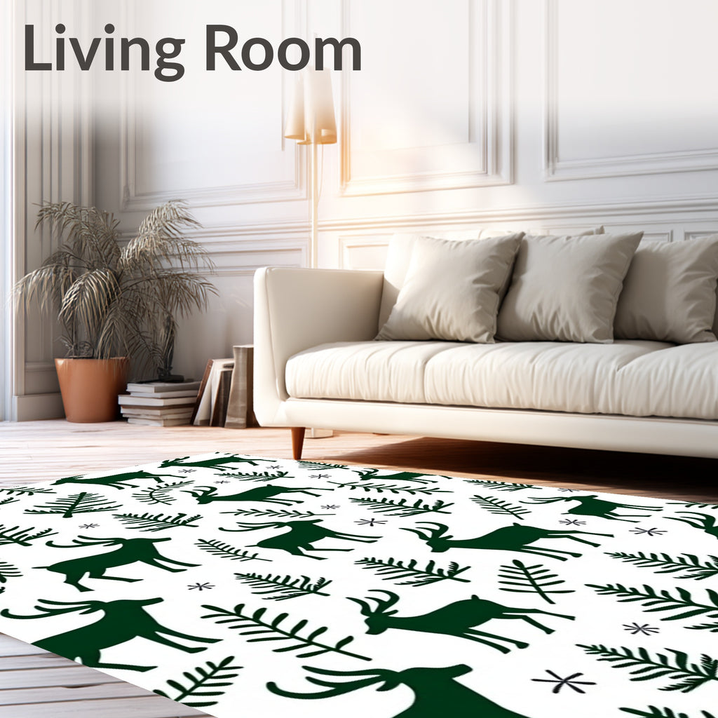 Dark Forest Deer Pine Branches Snowflakes Rug