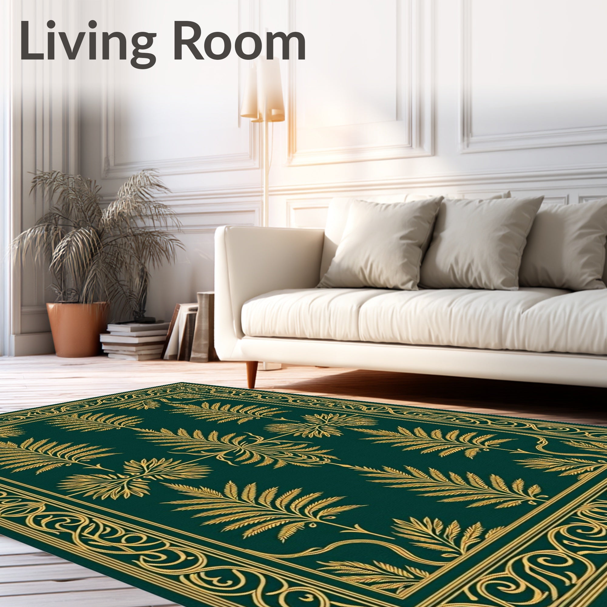 Emerald Green Gold Leaf Border Rug