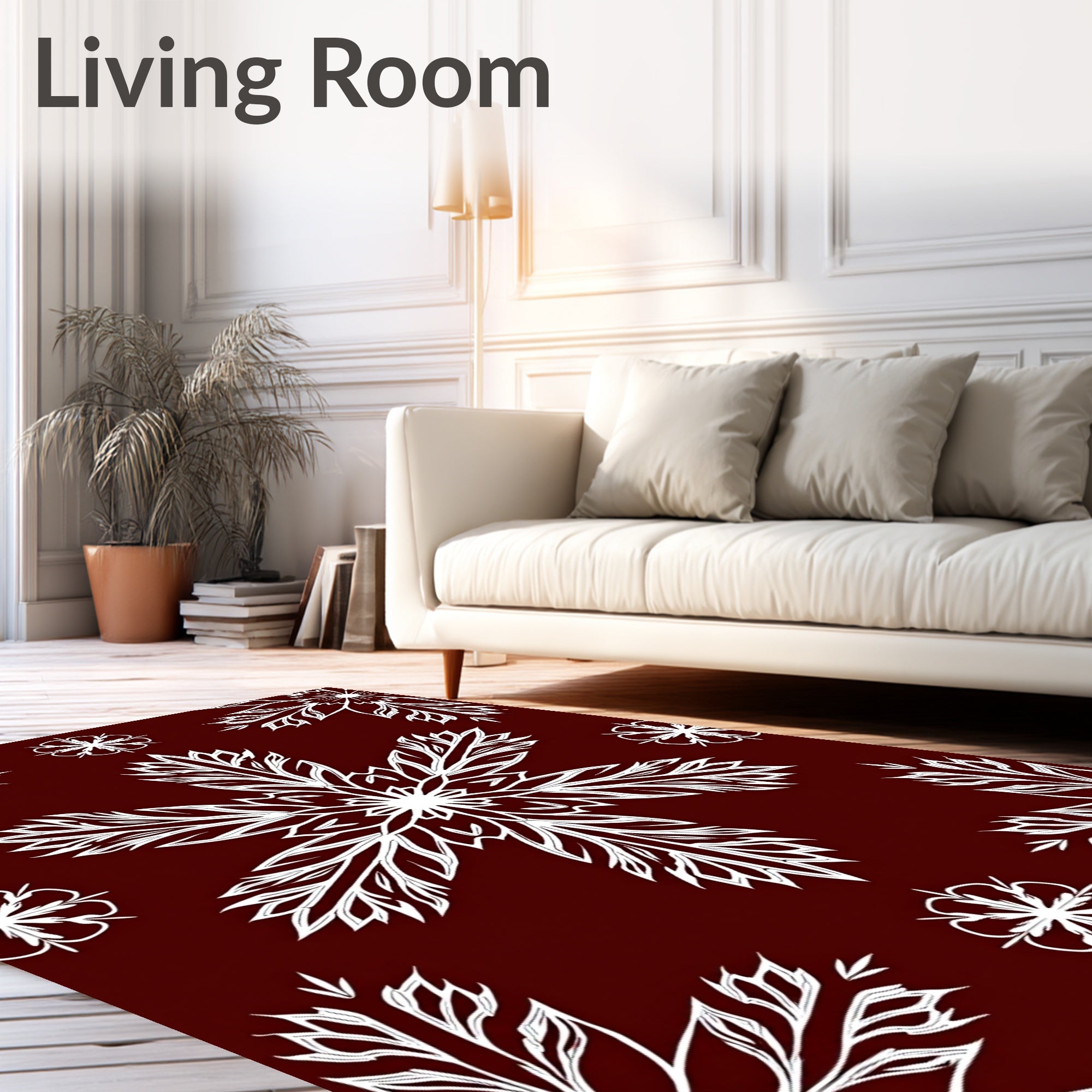 Deep Red White Snowflake Bloom Accent Rug