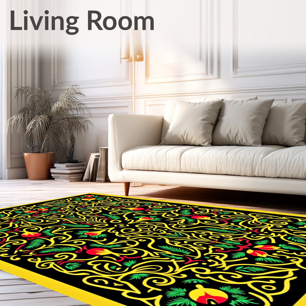 Vibrant Yellow Red Floral Swirl Rug