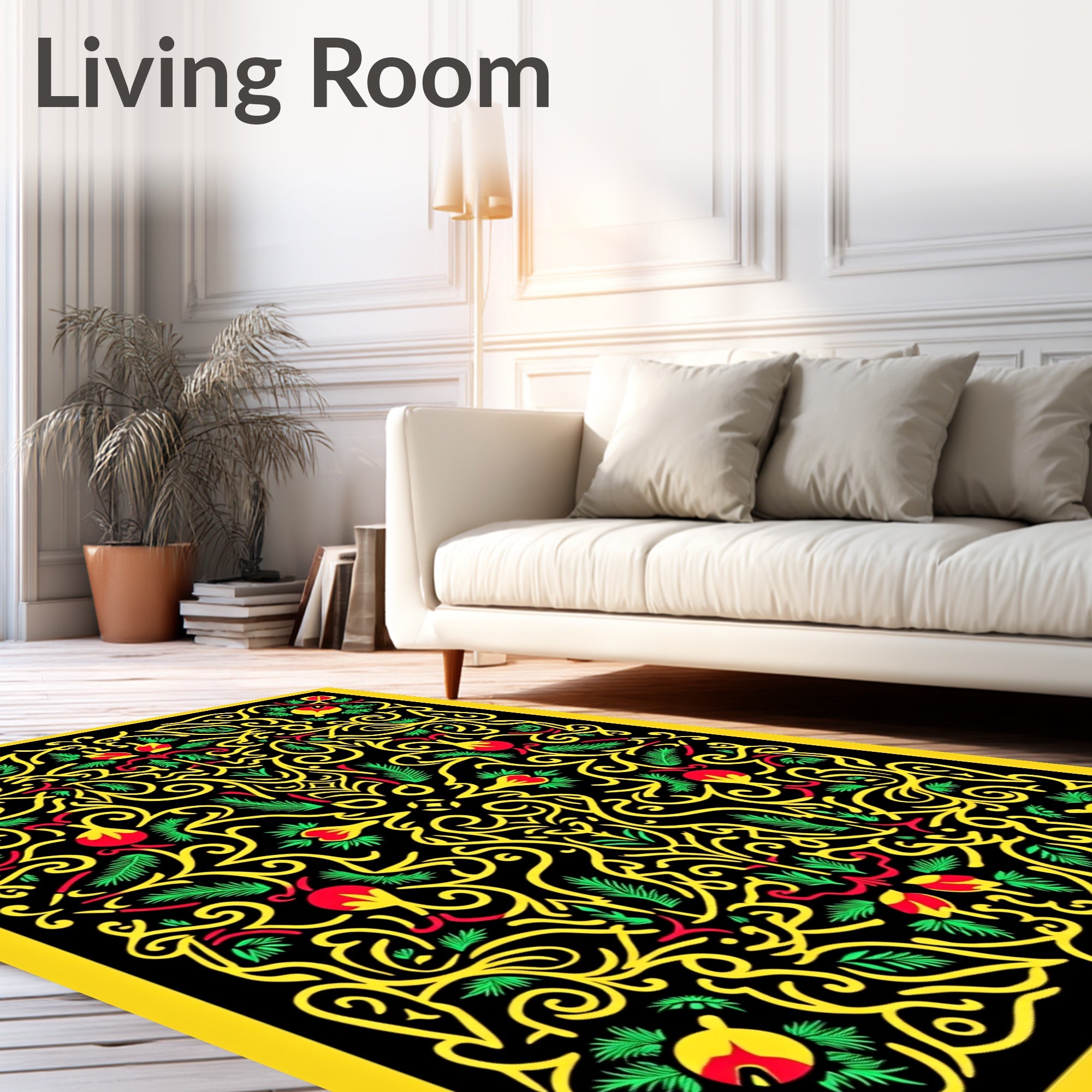 Vibrant Yellow Red Floral Swirl Rug