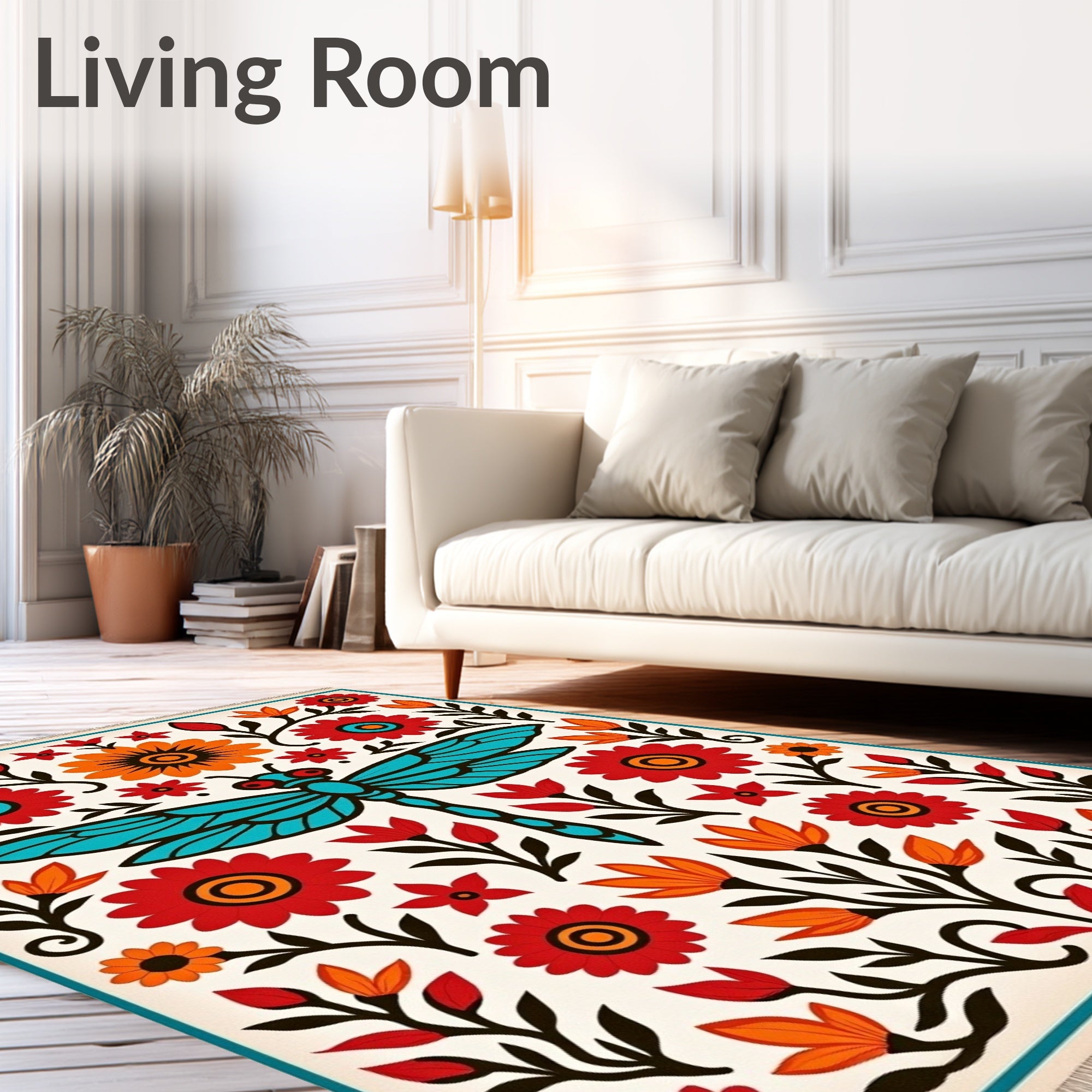 Mid-century Dragonfly Floral Folk Art Rug