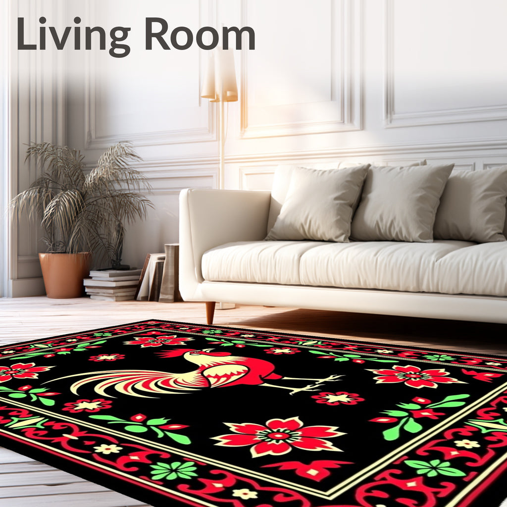 Bold Rooster Red Folk Art Rug
