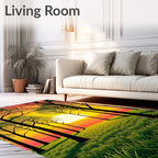 Sunset forest meadow green grass trees Rug