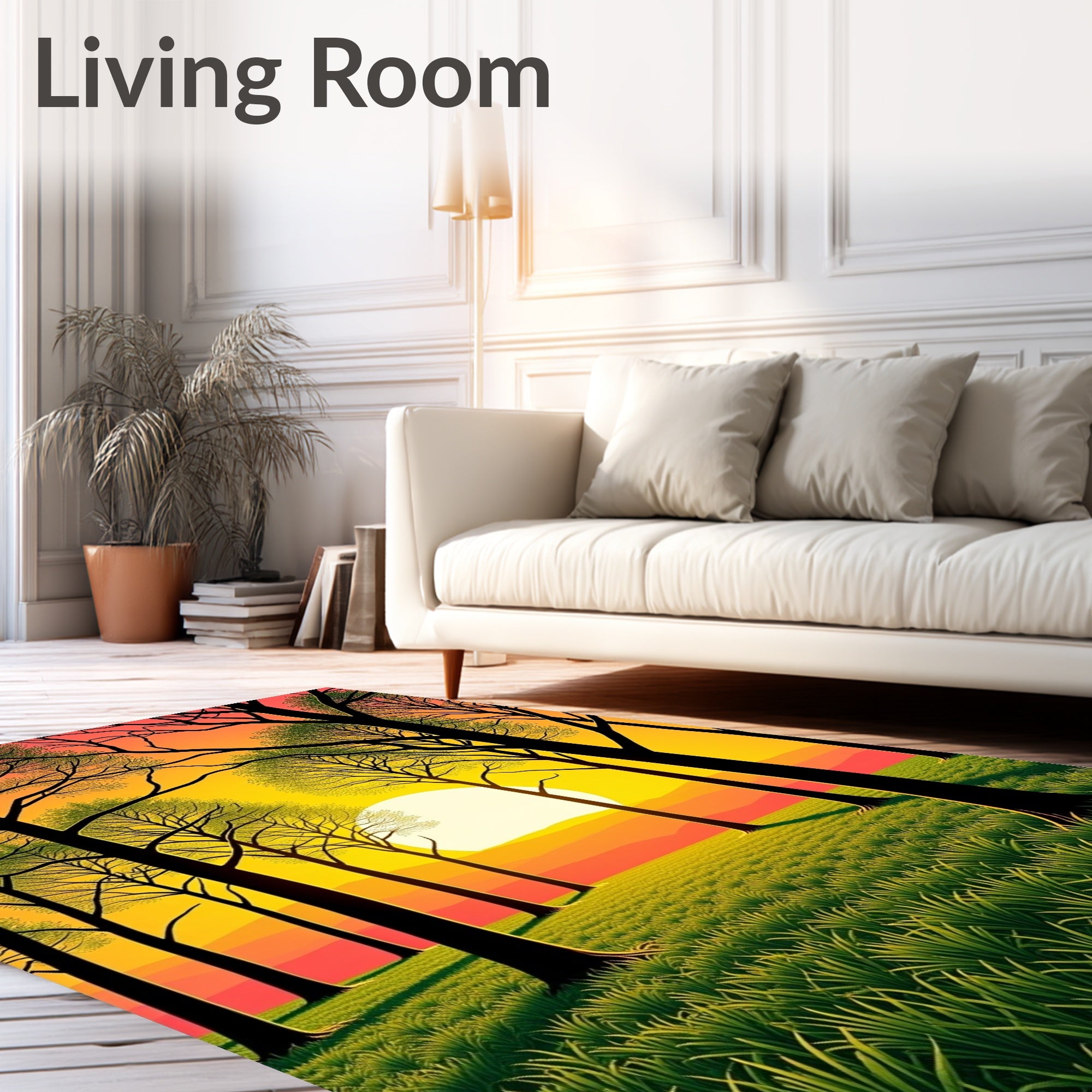 Sunset forest meadow green grass trees Rug
