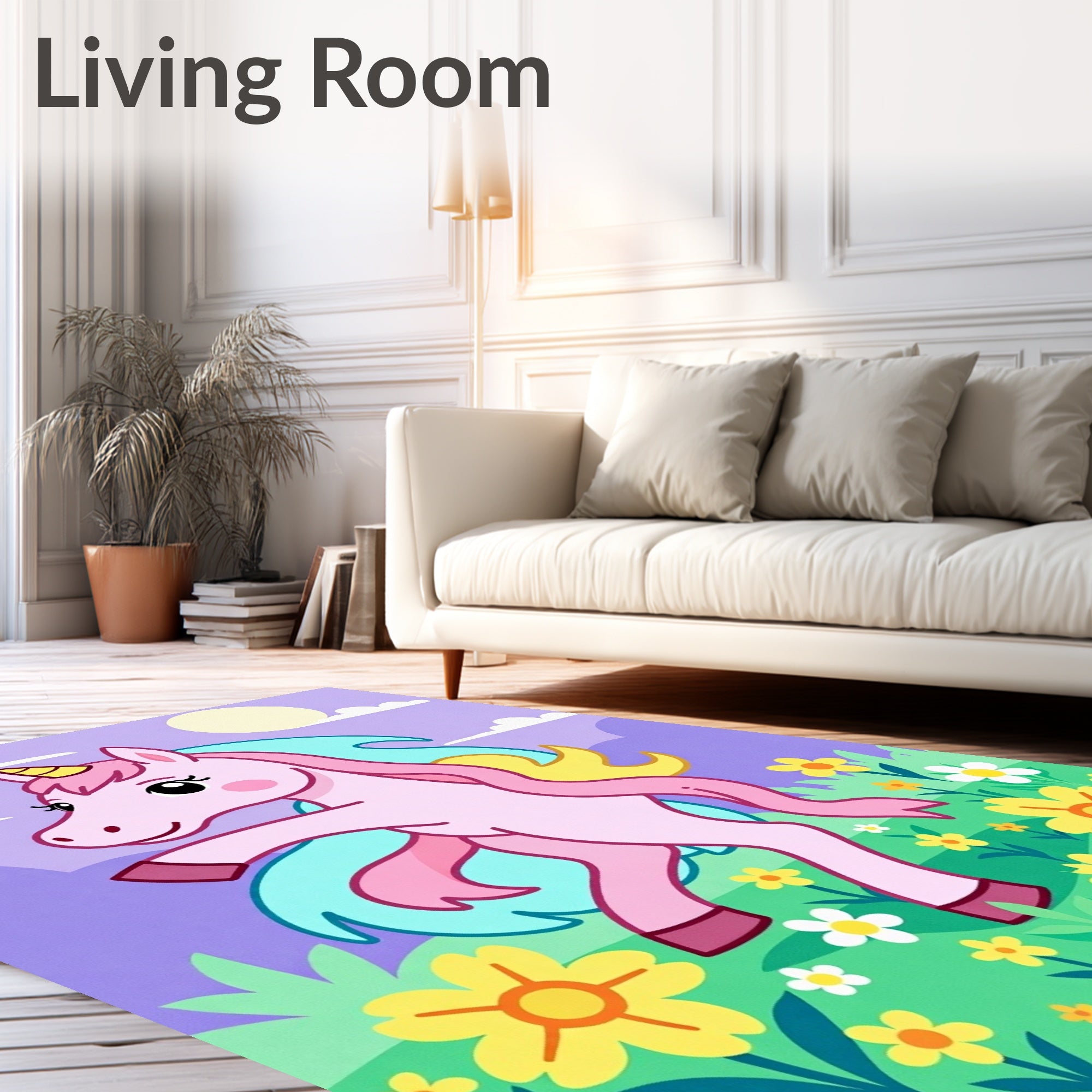Whimsical Pink Unicorn Floral Meadow Rug