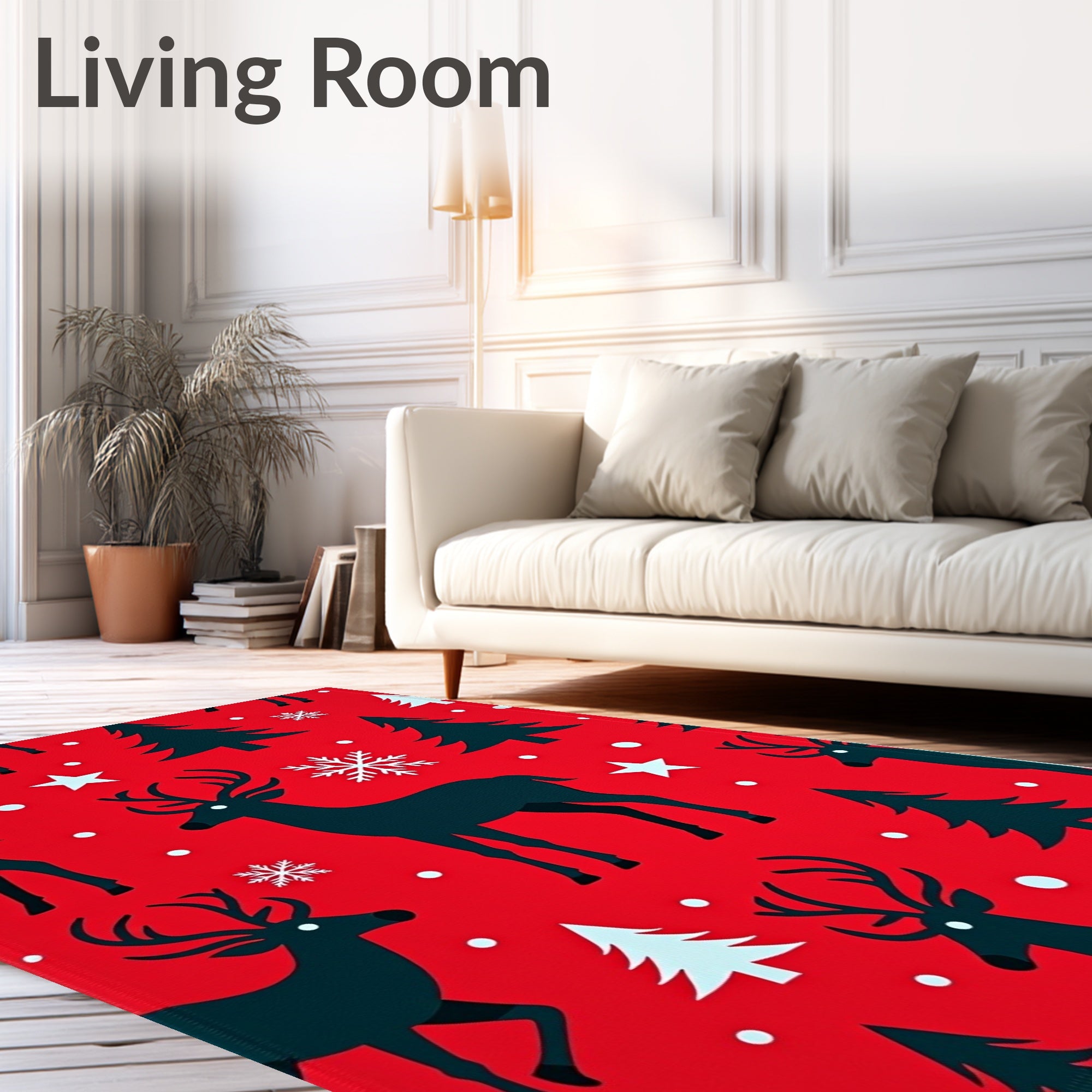 Red Deer Forest Winter Snowflakes Rug