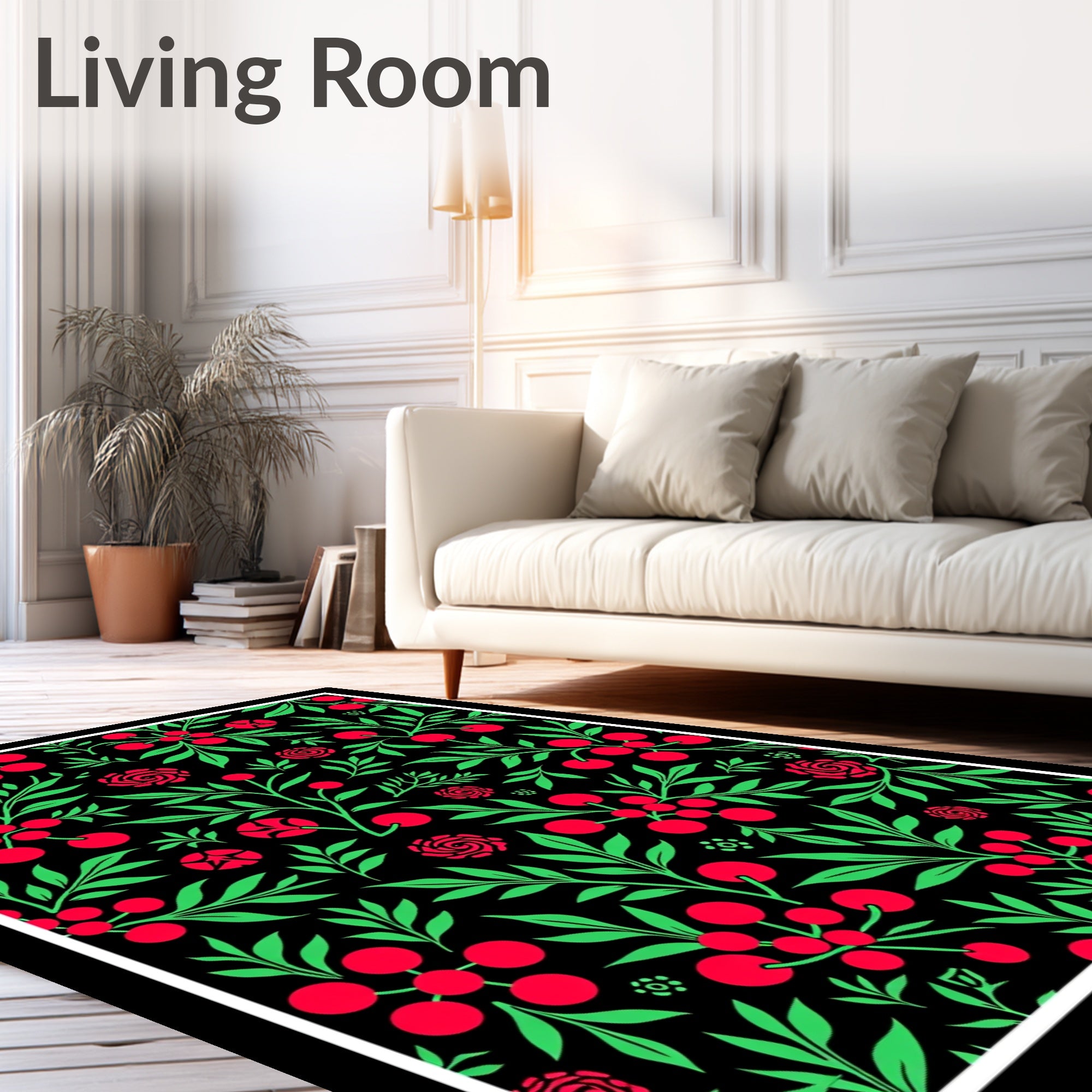 Vibrant Red Cherry Blossom Fern Rug