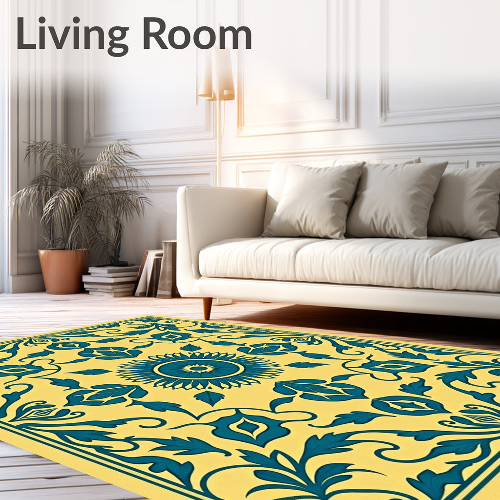 Yellow Teal Floral Medallion Area Rug