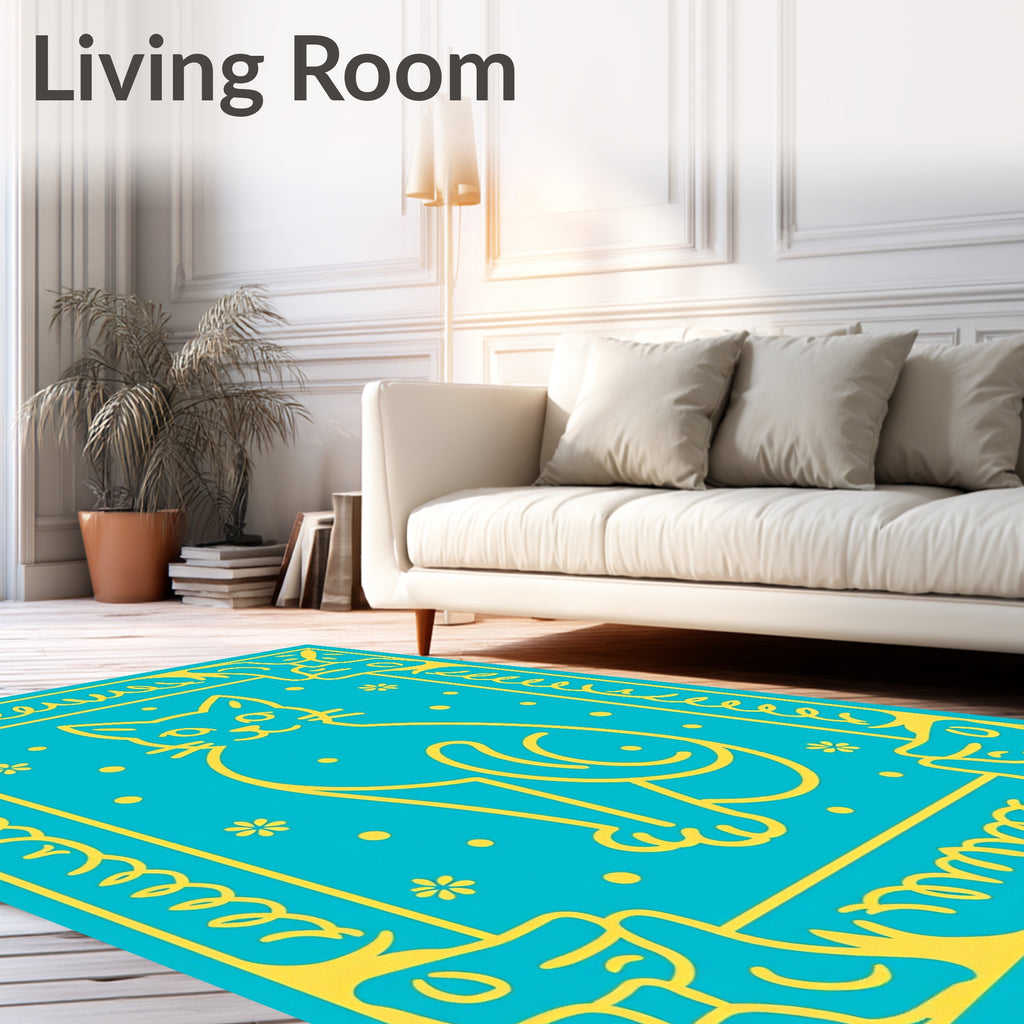 Whimsical Yellow Cat Blue Folk Art Rug