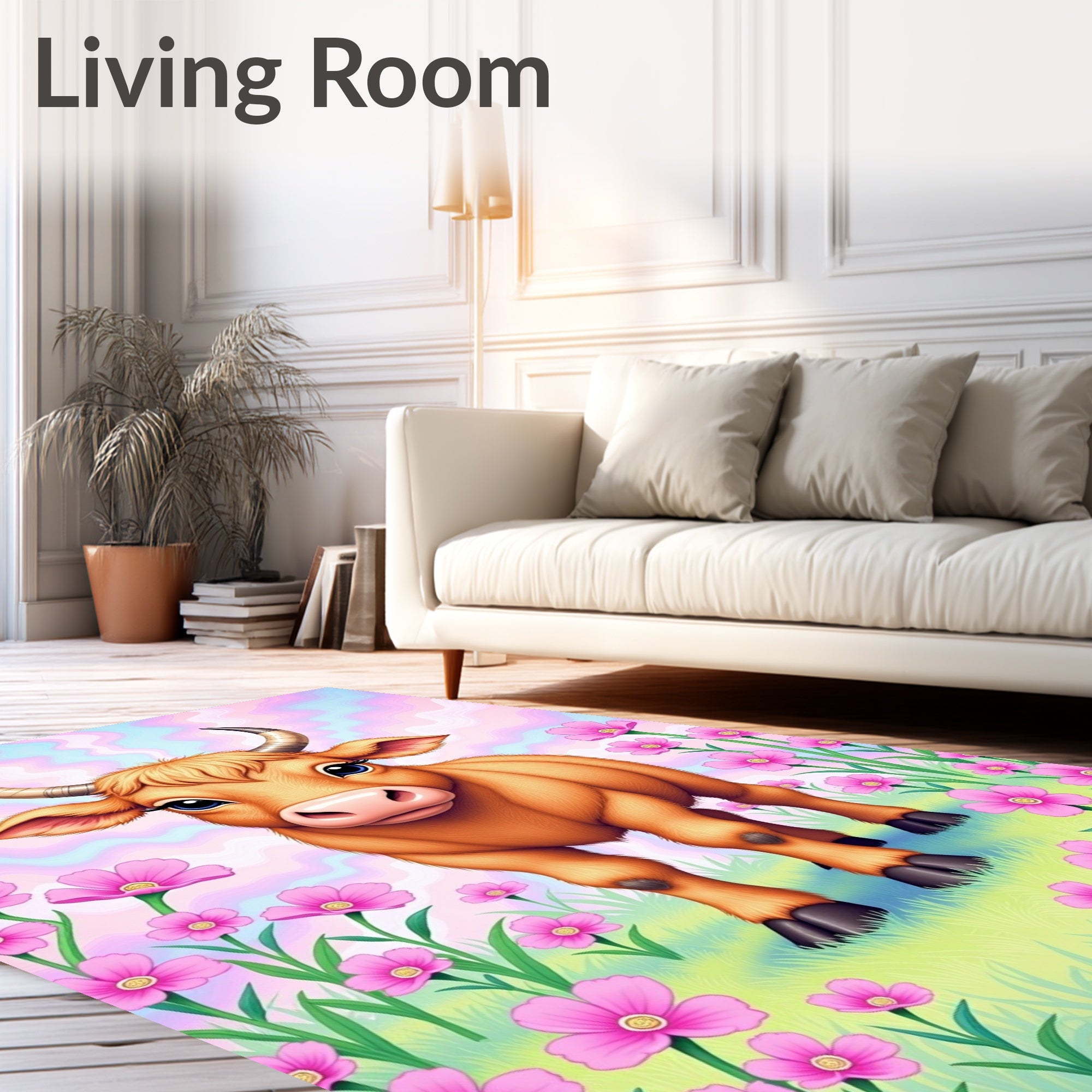 Whimsical Cow Amidst Pink Flowers Rug