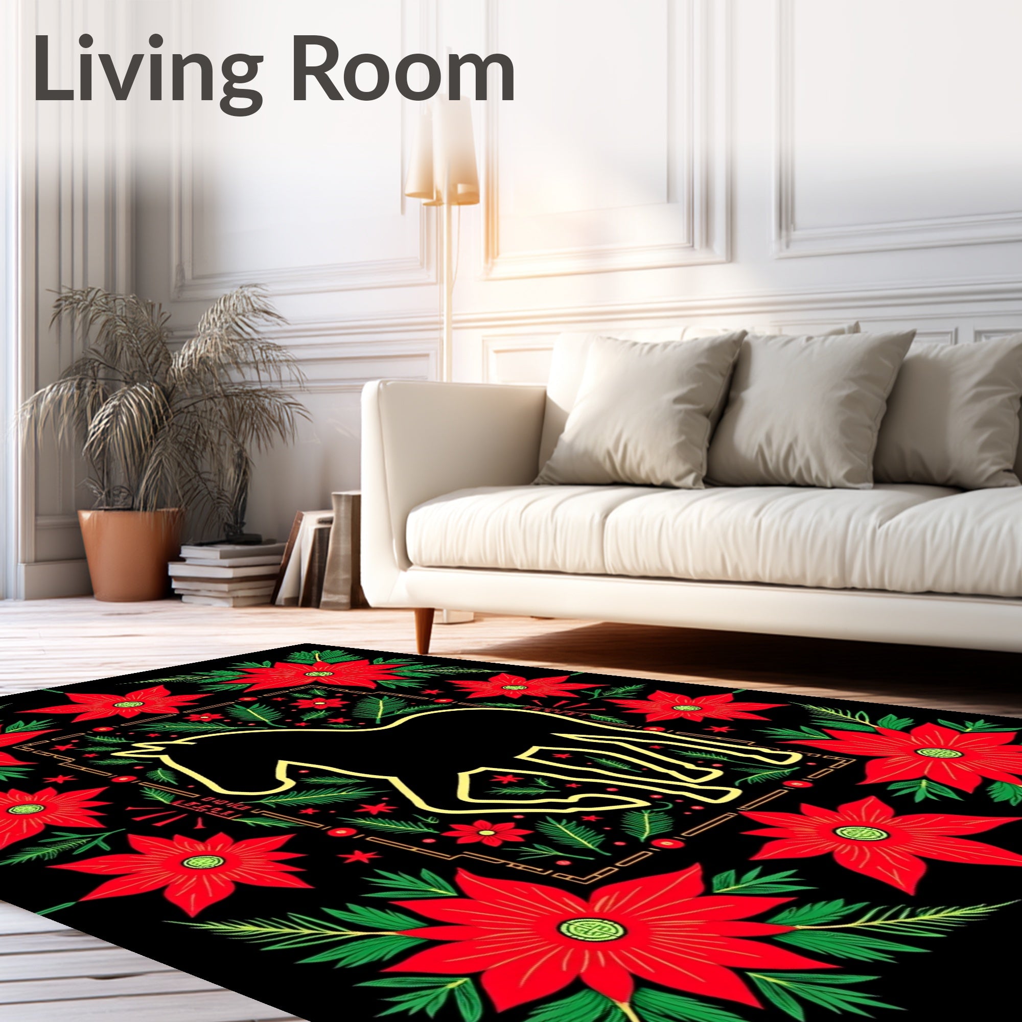 Golden Silhouette Horse Red Poinsettia Garland Rug