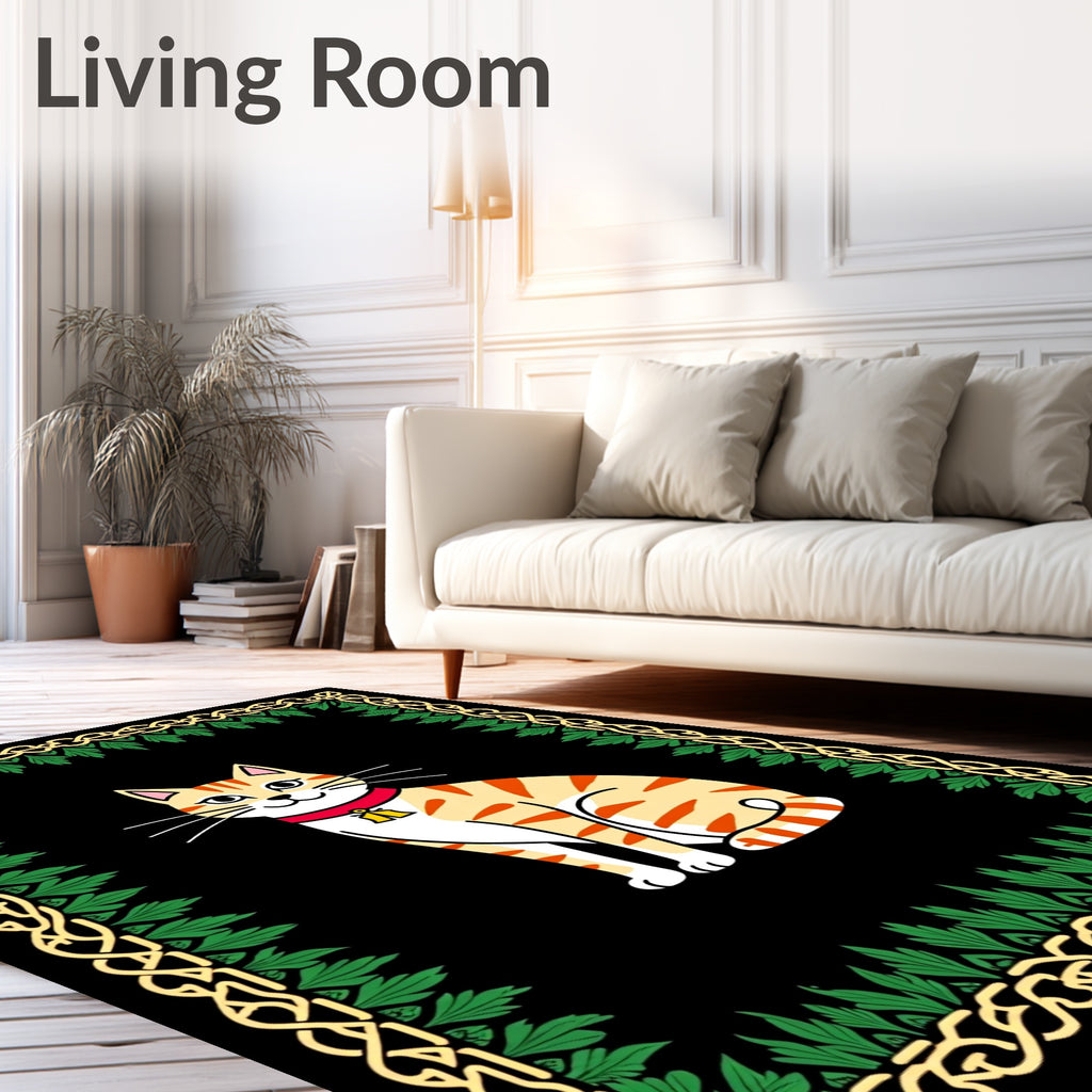 Animated Stripy Cat with Golden Leaf Border Rug