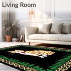 Animated Stripy Cat with Golden Leaf Border Rug