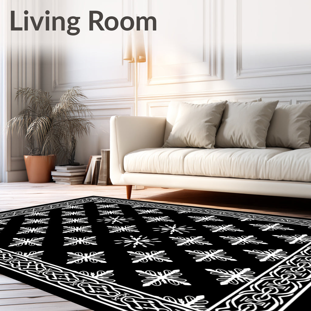 Black White Snowflake Border Medallion Rug
