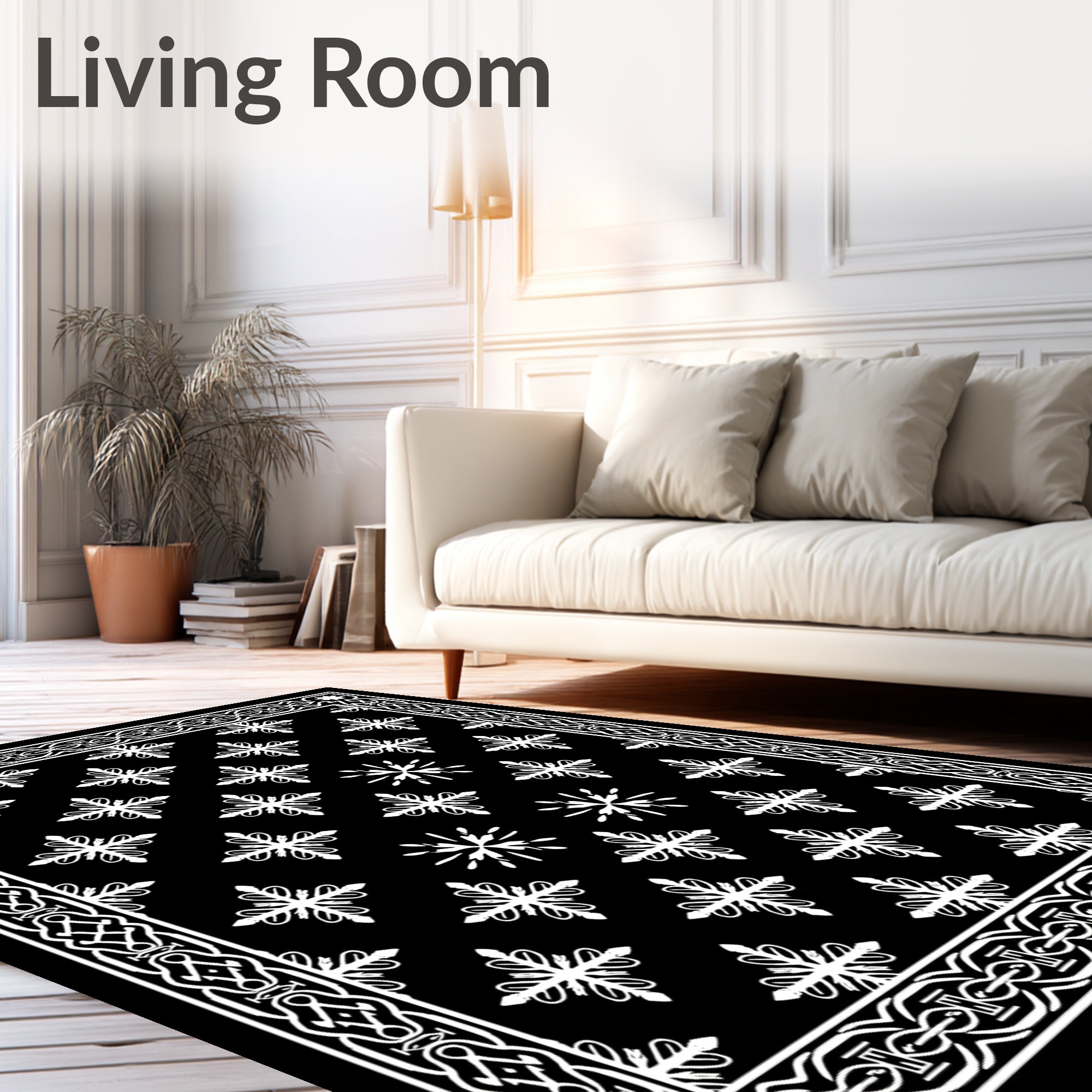 Black White Snowflake Border Medallion Rug