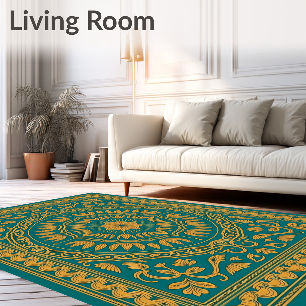 Teal and Gold Medallion Botanical Rug