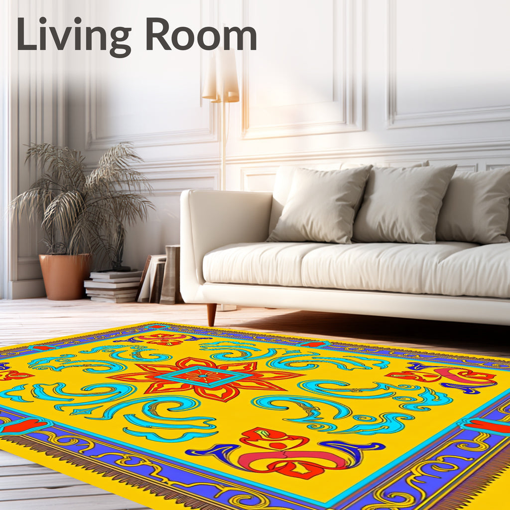 Yellow Red Blue Floral Medallion Border Rug