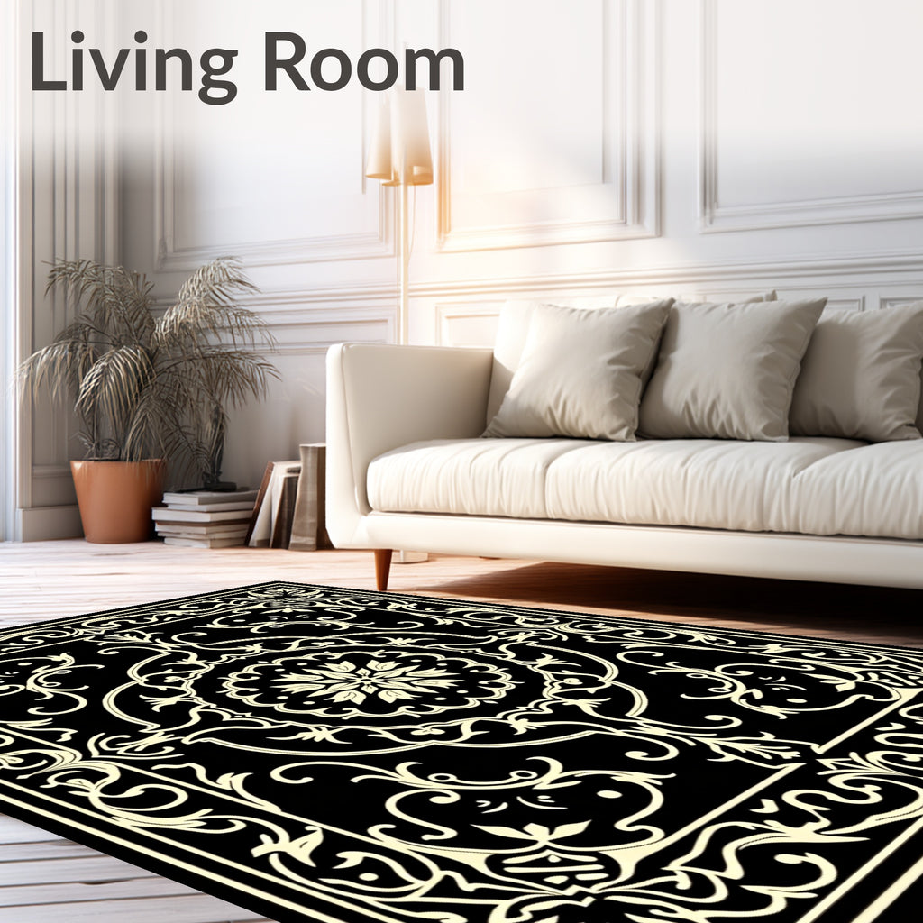 Black Cream Floral Scrollwork Medallion Rug