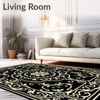 Black Cream Floral Scrollwork Medallion Rug