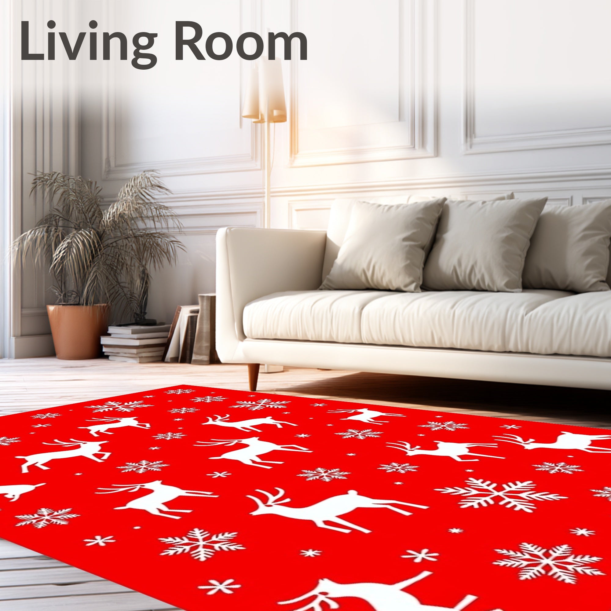 Red White Reindeer Snowflakes Christmas Rug
