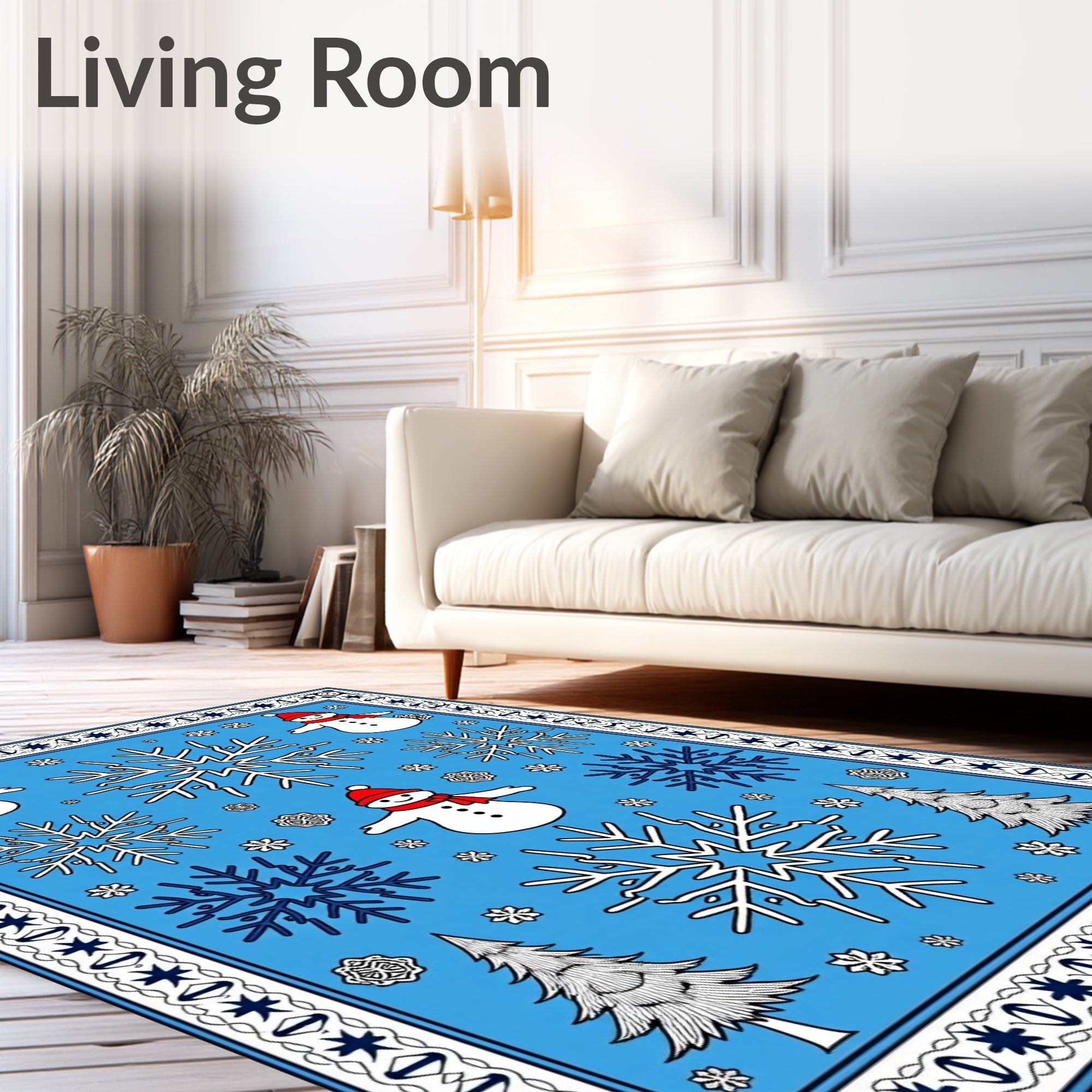 Blue Snowman Snowflake Evergreen Tree Rug