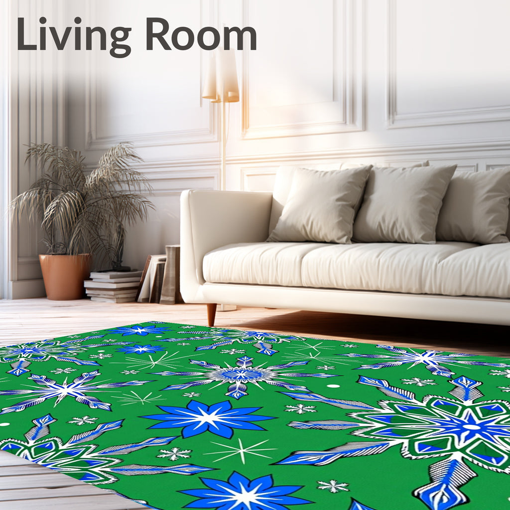 Bold Blue White Snowflake Green Rug