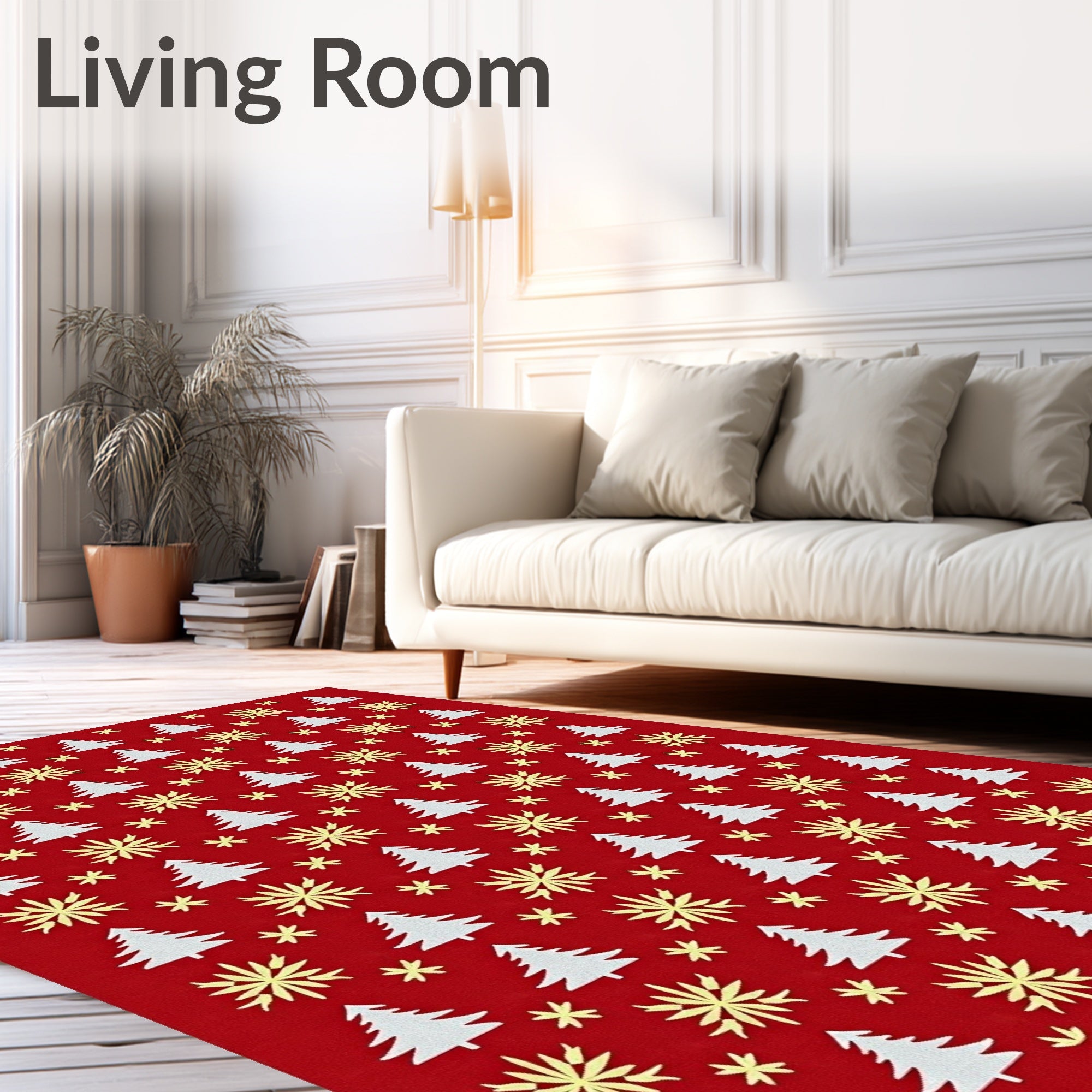 White Tree Yellow Starburst Red Background Rug