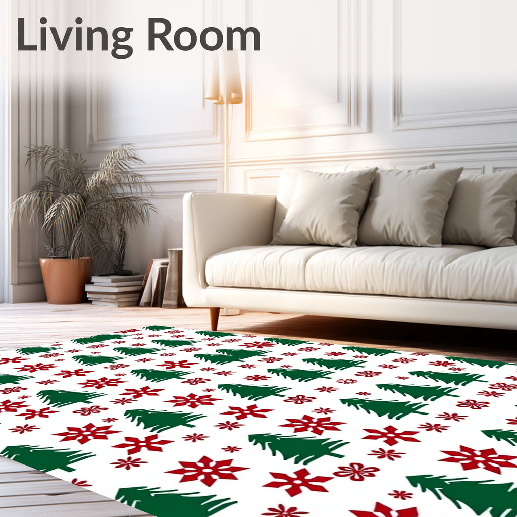 Green Pine Trees Red Snowflakes Rug
