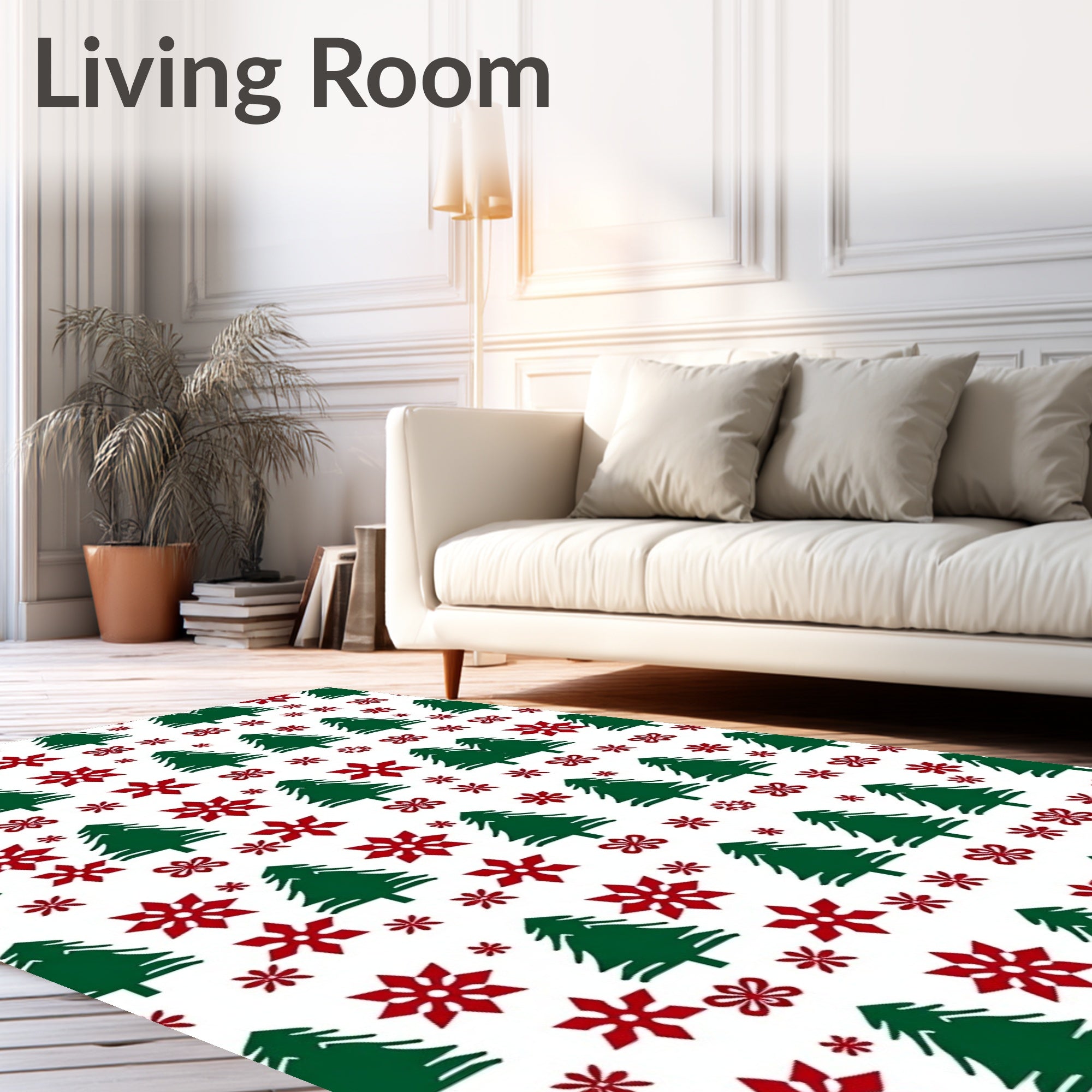 Green Pine Trees Red Snowflakes Rug