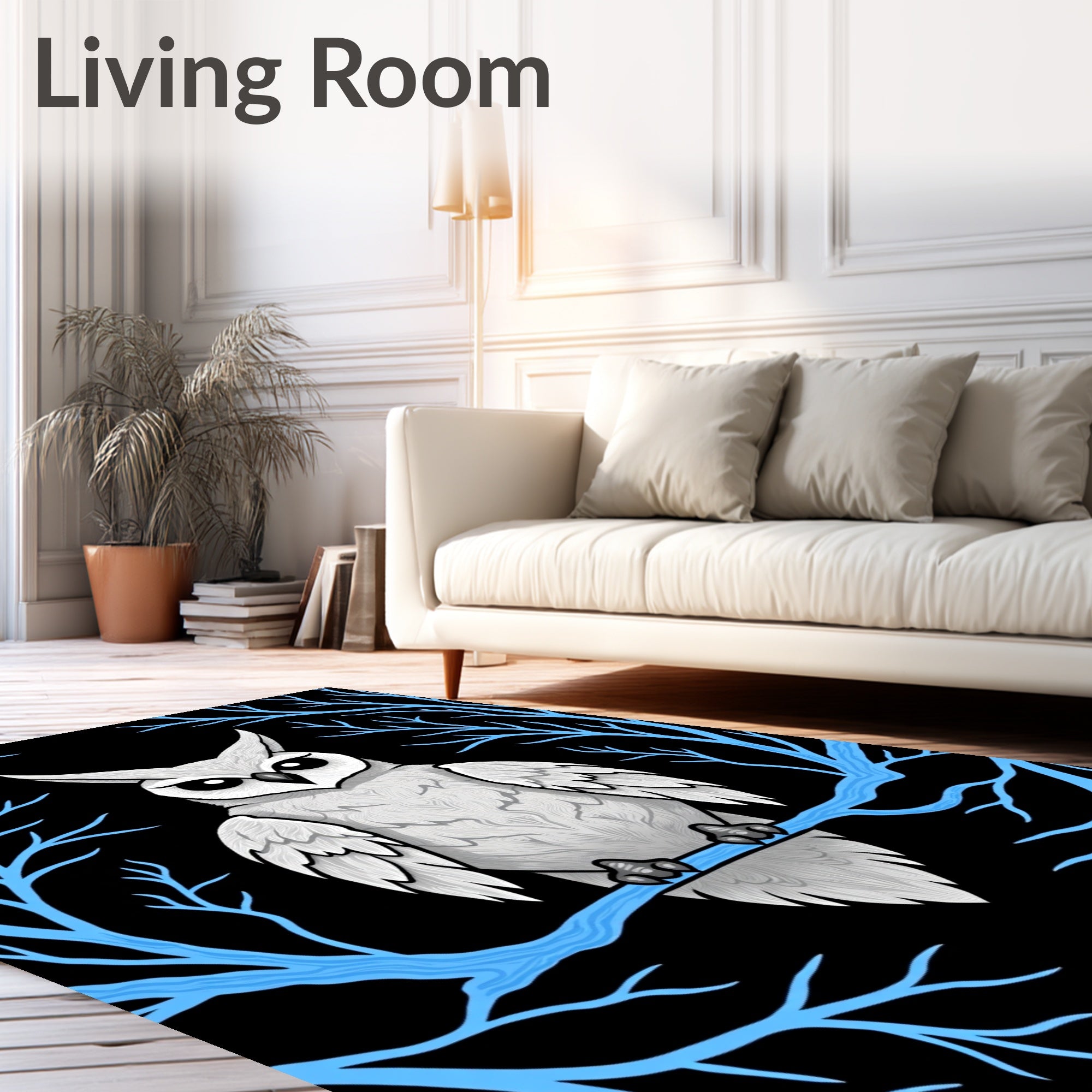 Wise White Owl on Blue Branch Rug