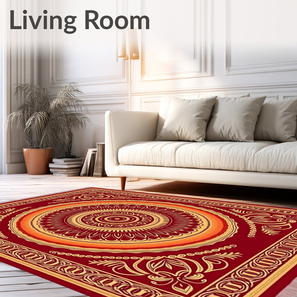 Crimson Sunburst Mandala Medallion Rug