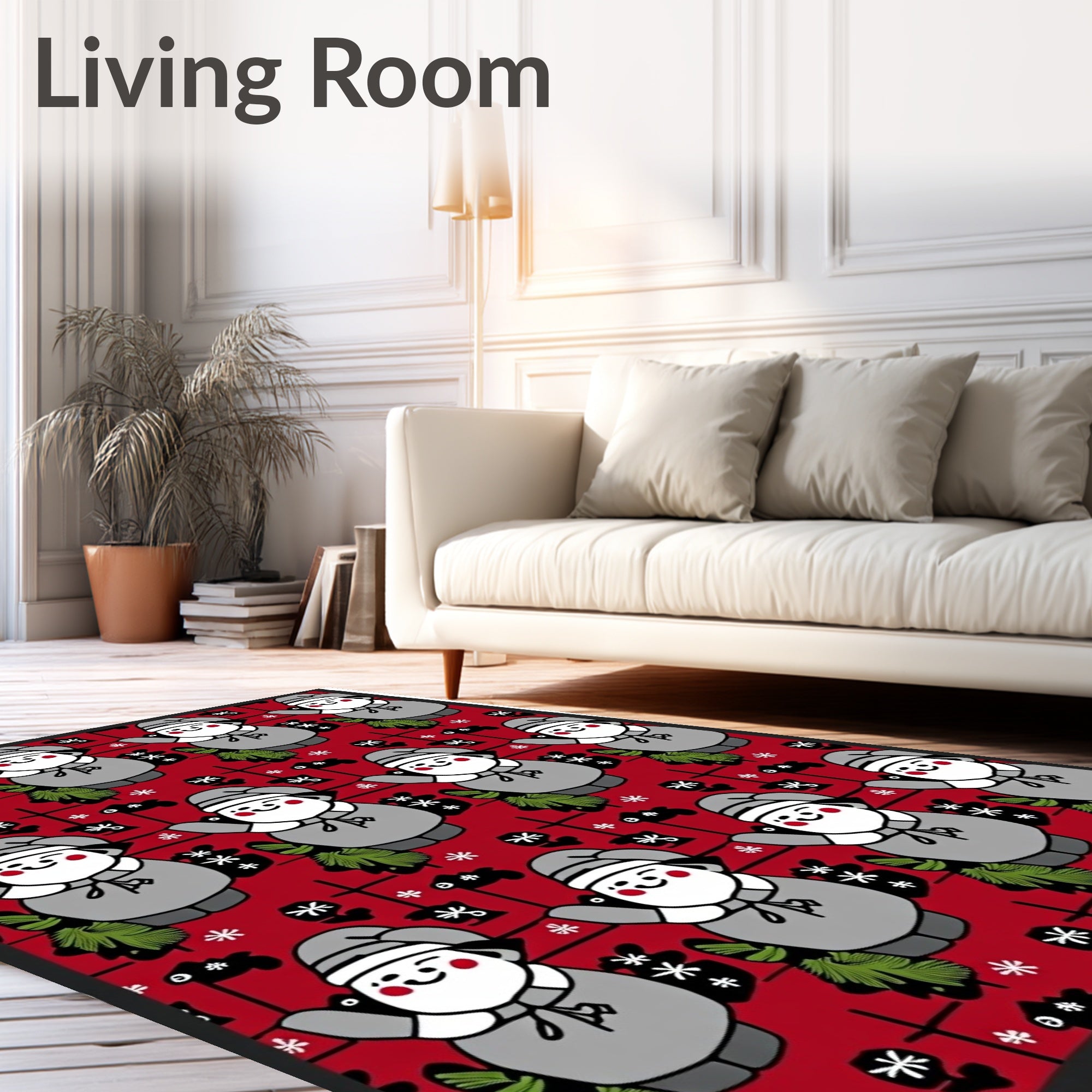 Festive Gray Snowmen Red Floral Rug