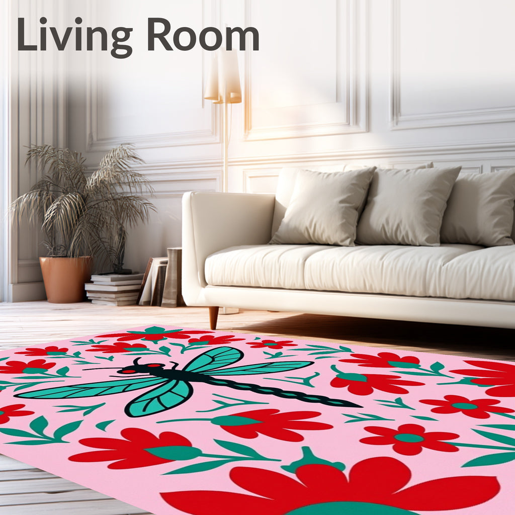 Whimsical Pink Red Dragonfly Floral Rug