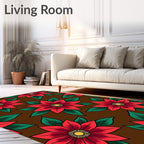 Crimson Flowers With Green Leaves Rug