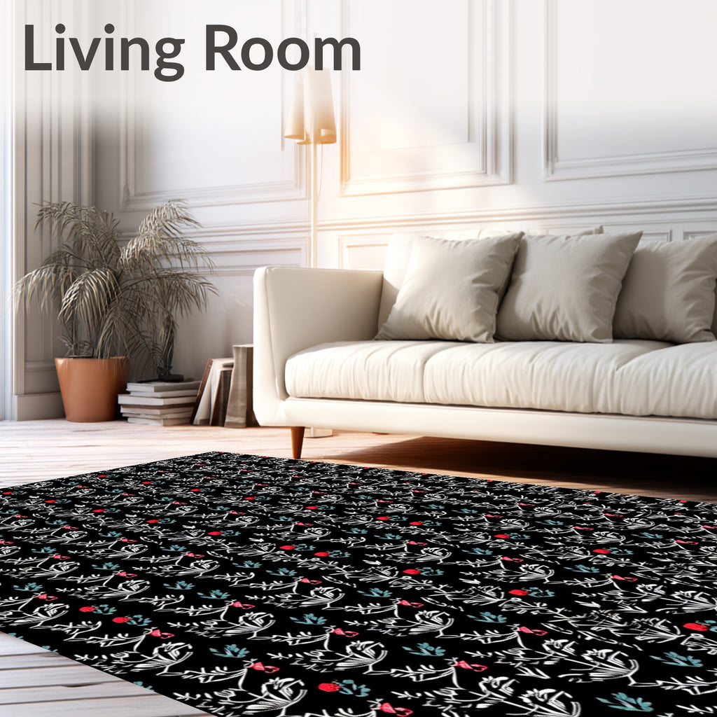 Black White Botanical Red Flower Vines Rug