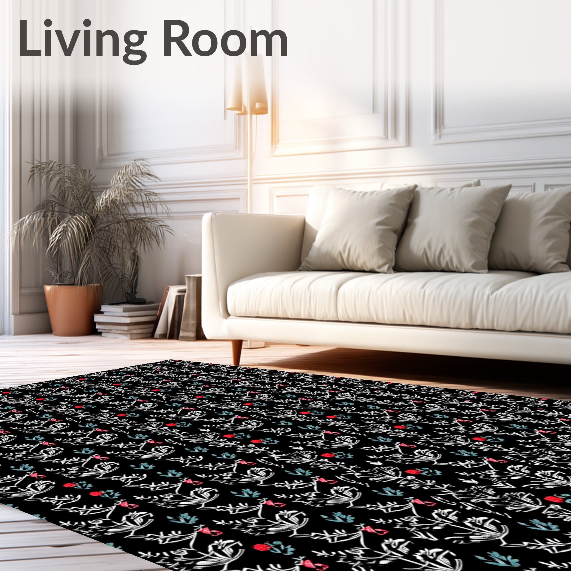 Black White Botanical Red Flower Vines Rug
