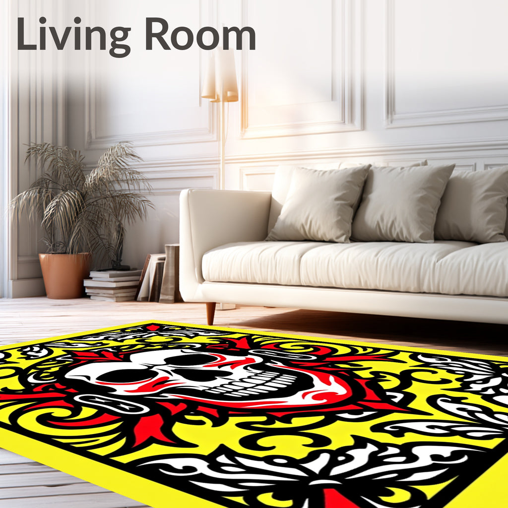 Bold Crimson Skull Floral Frame Rug