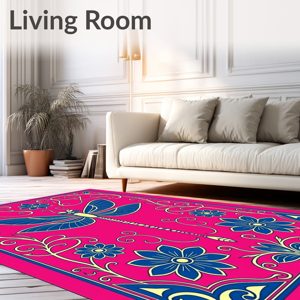 Vibrant Pink Blue Dragonfly Floral Border Rug